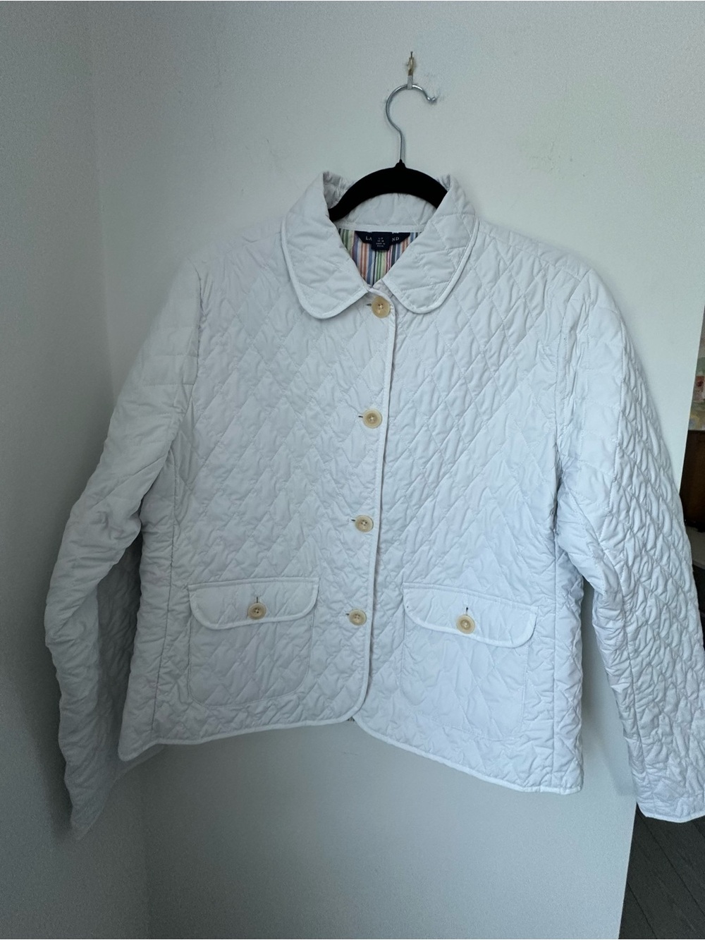 Lands End Women's White Quilted Button-Front Jacket Large